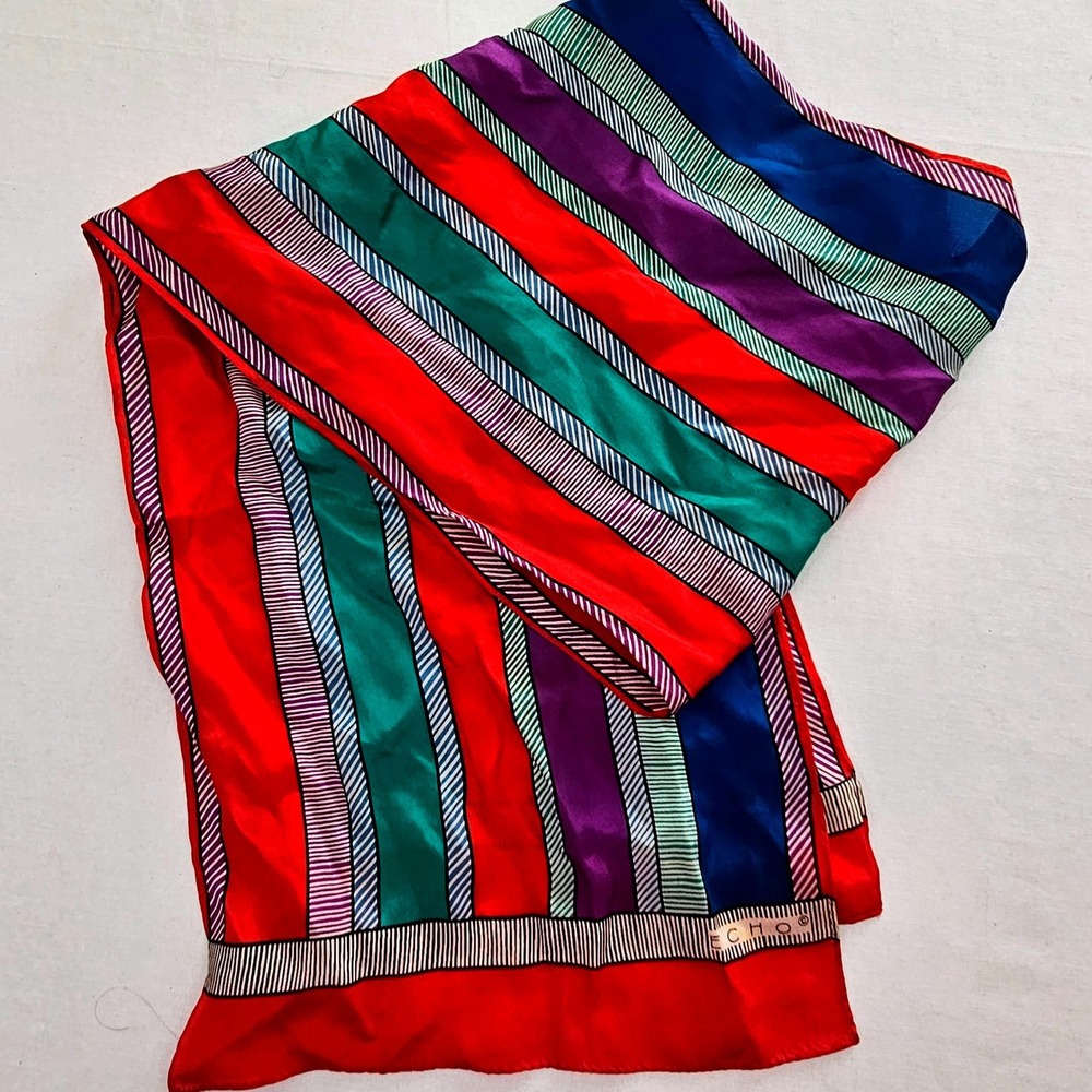 Echo Vintage Silk Scarf Multi Color Striped Square Red Purple Blue Teal